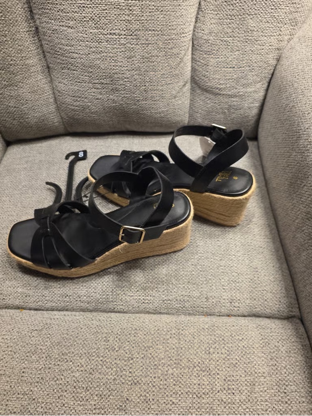 Time and Tru Black Espadrille Wedge Sandals with Ankle Strap